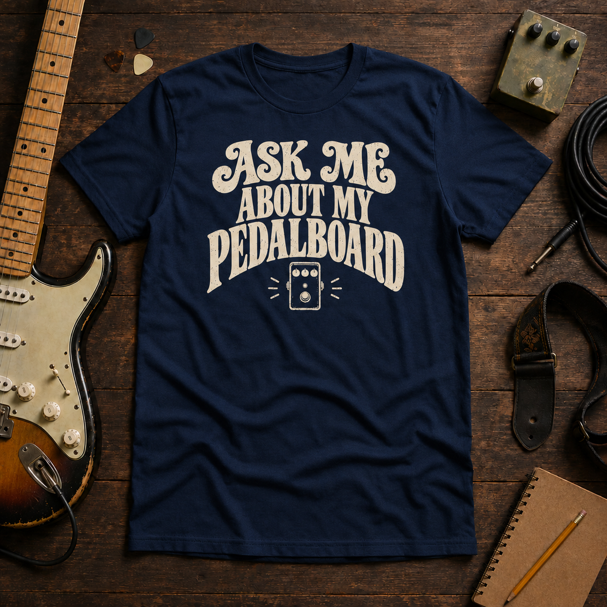Navy Ask Me About My Pedalboard tee by Steady Strum, laid flat on a wood desk with guitar gear