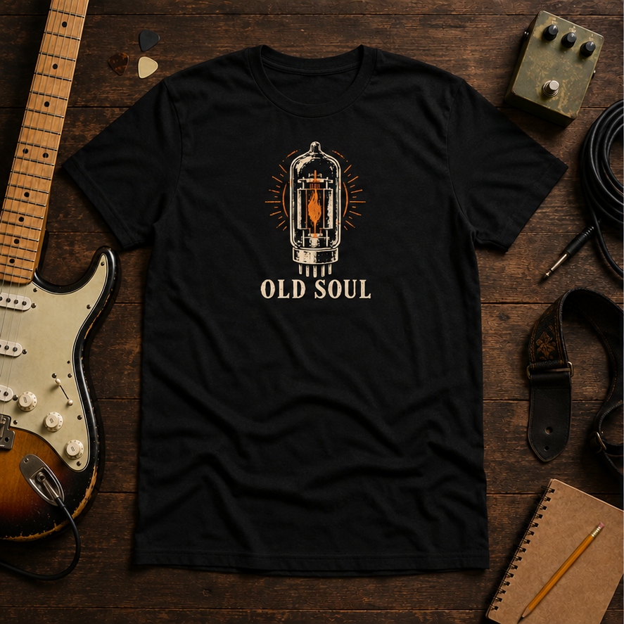 Black Old Soul tee by Steady Strum, laid flat on a wood desk with guitar gear