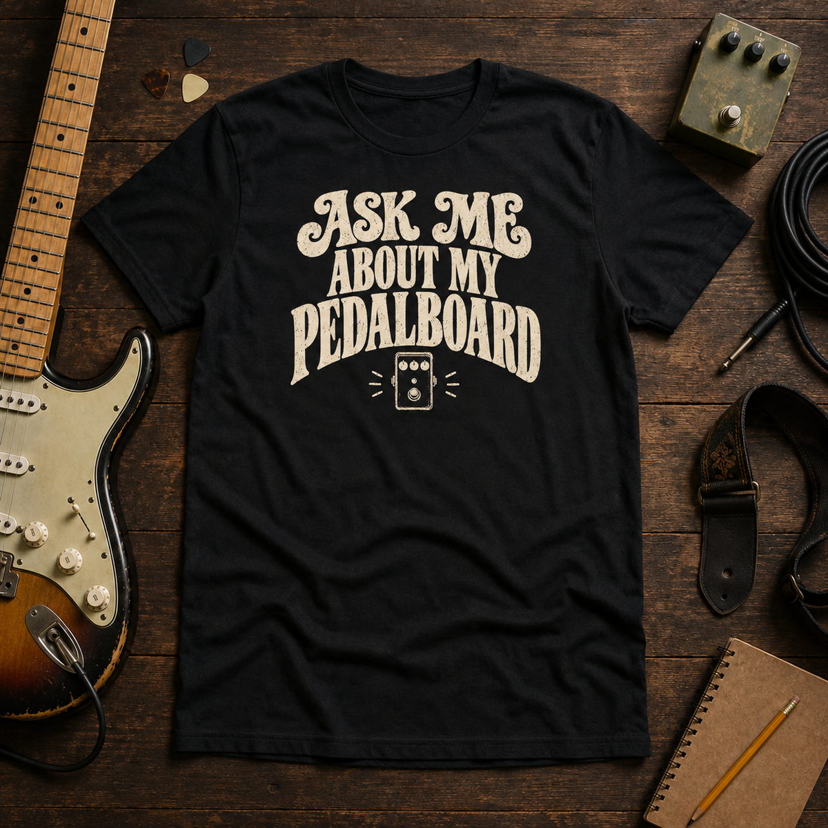 Black Ask Me About My Pedalboard tee by Steady Strum, laid flat on a wood desk with guitar gear
