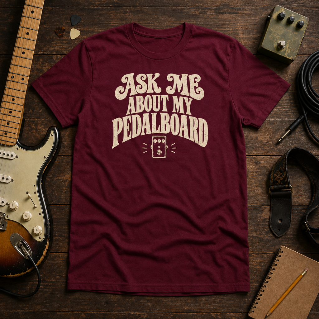 Maroon Ask Me About My Pedalboard tee by Steady Strum, laid flat on a wood desk with guitar gear