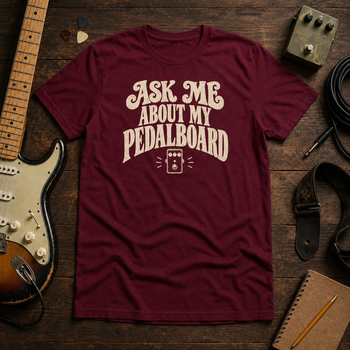 Maroon Ask Me About My Pedalboard tee by Steady Strum, laid flat on a wood desk with guitar gear