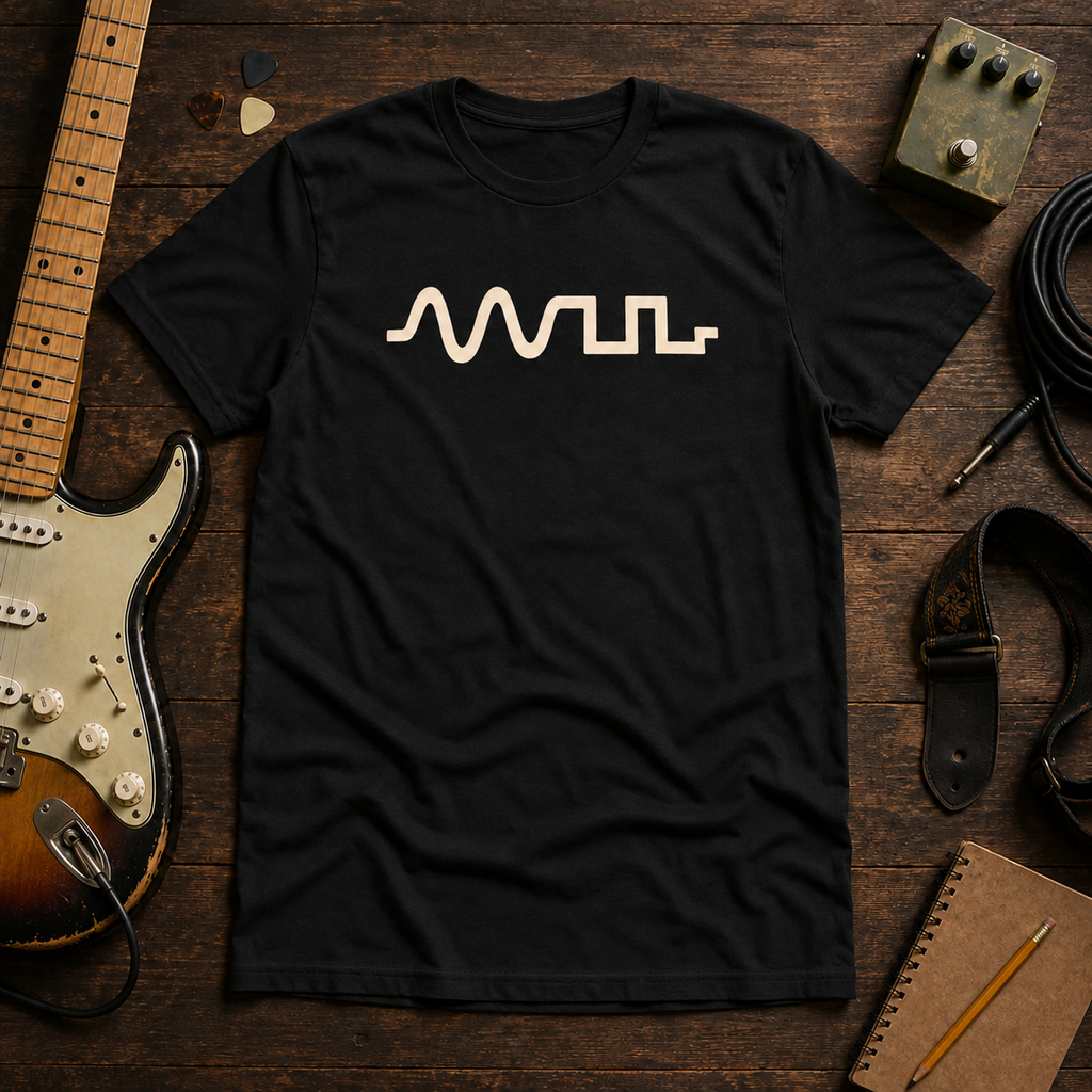Black Clipped Wave tee by Steady Strum, laid flat on a wood desk with guitar gear