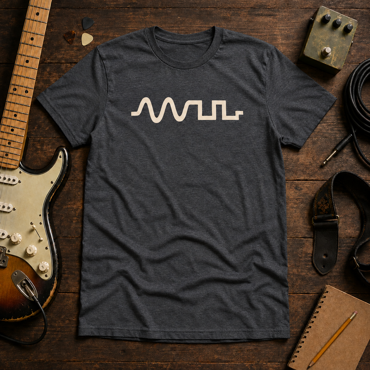 Grey Clipped Wave tee by Steady Strum, laid flat on a wood desk with guitar gear