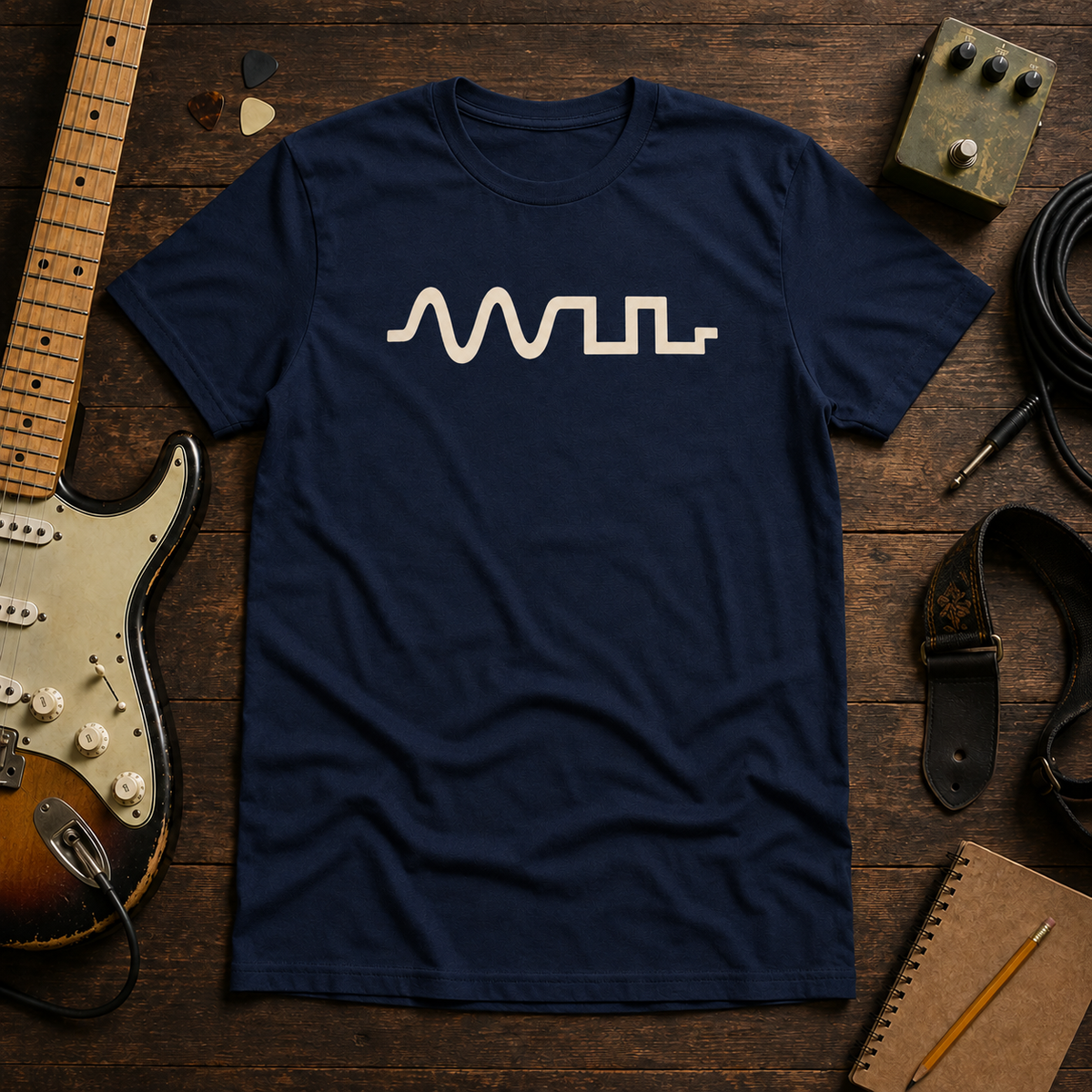 Navy Clipped Wave tee by Steady Strum, laid flat on a wood desk with guitar gear