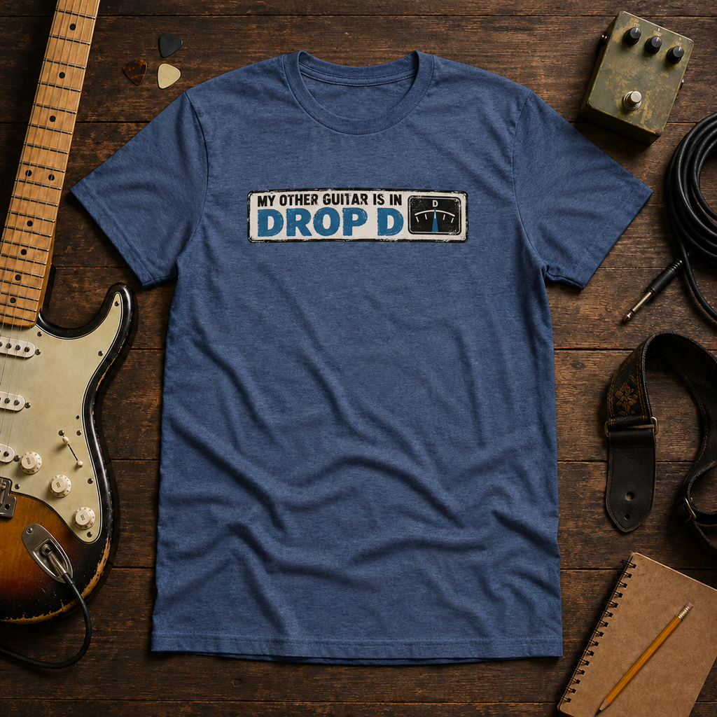 Indigo Other Guitar Is In Drop D tee by Steady Strum, laid flat on a wood desk with guitar gear
