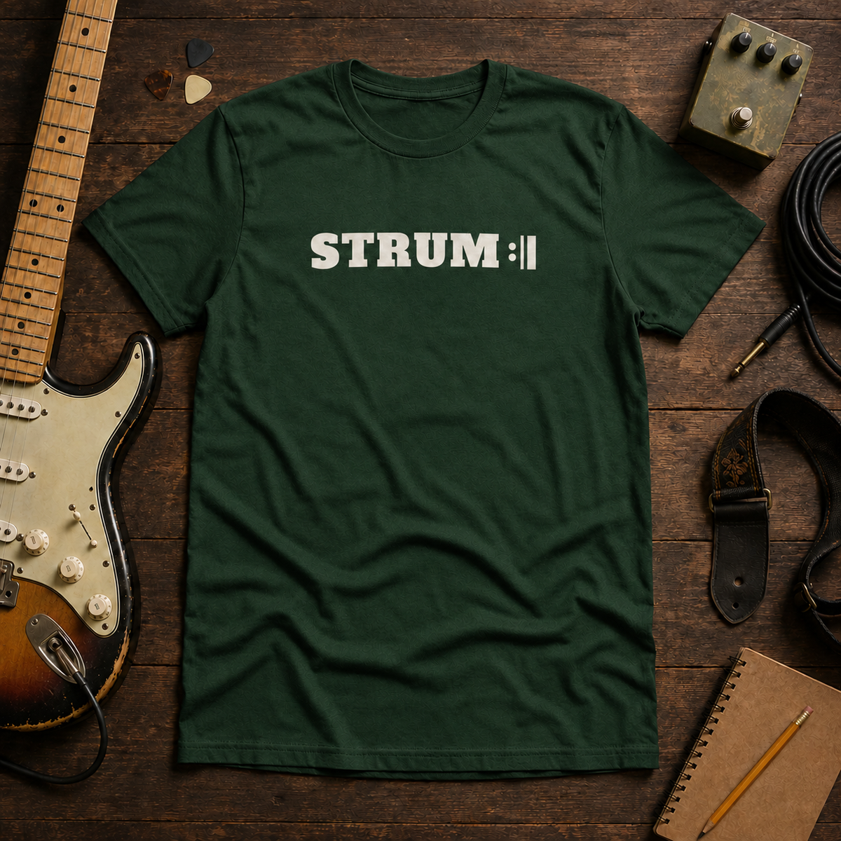 Forest Strum Repeat tee by Steady Strum, laid flat on a wood desk with guitar gear