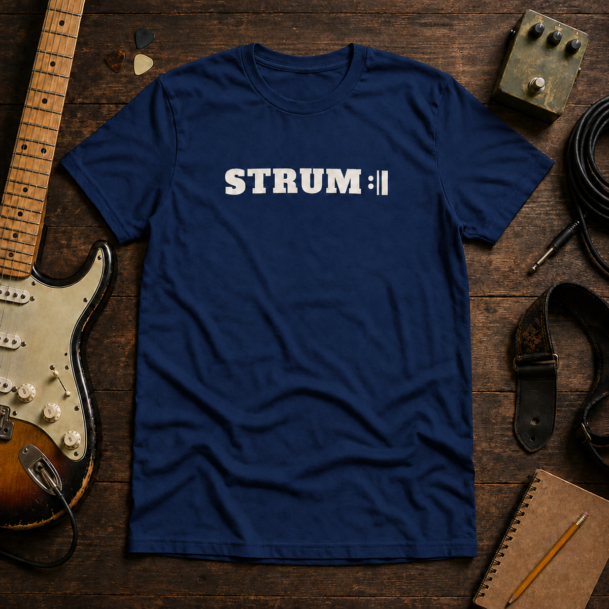 Navy Strum Repeat tee by Steady Strum, laid flat on a wood desk with guitar gear
