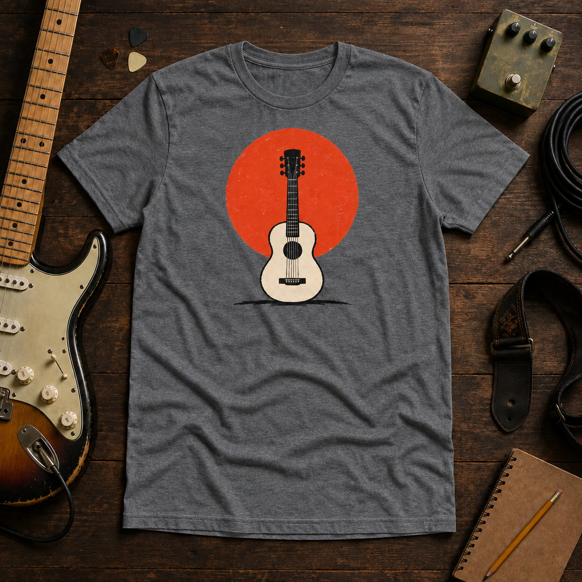 Graphite Sun. Set. tee by Steady Strum, laid flat on a wood desk with guitar gear