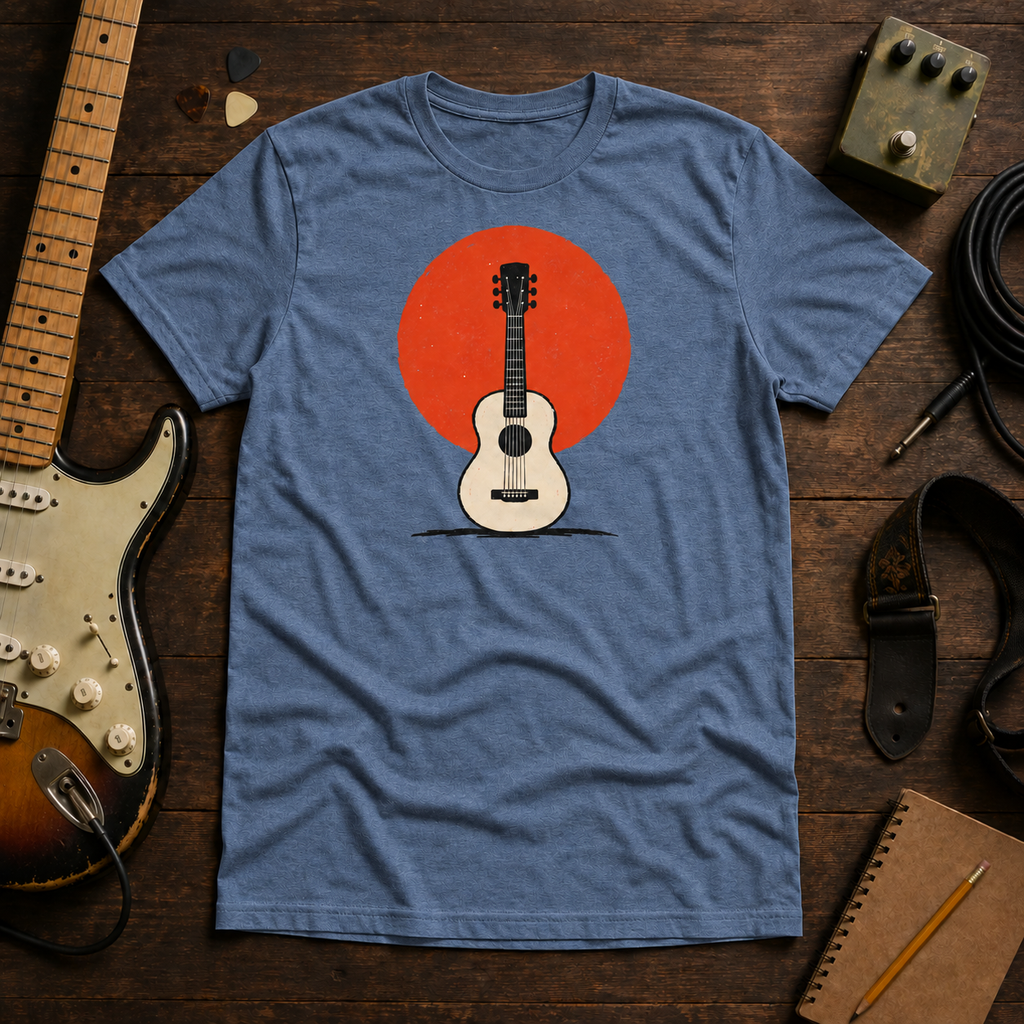 Indigo Sun. Set. tee by Steady Strum, laid flat on a wood desk with guitar gear